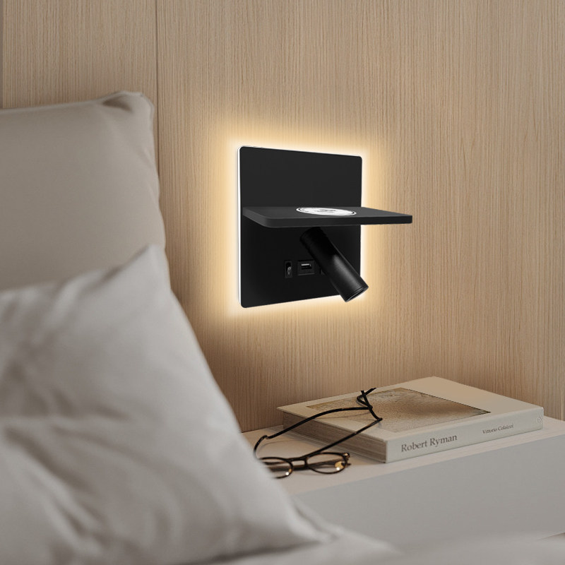 Multi-Function LED Bedside Wall Sconce with Wireless Charger, USB Port, Shelf & Adjustable Reading Spotlight