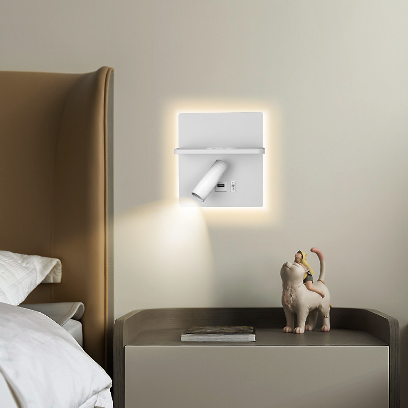 Multi-Function LED Bedside Wall Sconce with Wireless Charger, USB Port, Shelf & Adjustable Reading Spotlight