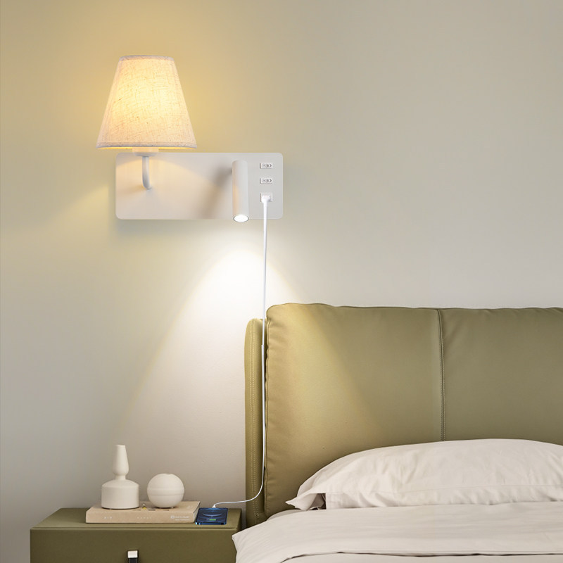 Dual-Light Fabric LED Wall Sconce with USB Port Adjustable Reading Spotlight Bedroom Bedside Lamp Black/White