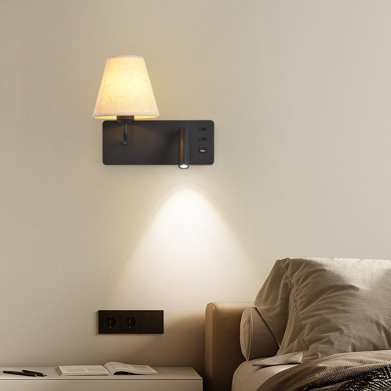 Dual-Light Fabric LED Wall Sconce with USB Port Adjustable Reading Spotlight Bedroom Bedside Lamp Black/White
