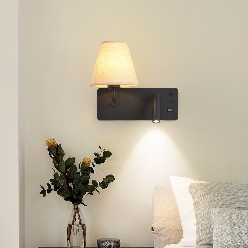 Dual-Light Fabric LED Wall Sconce with USB Port Adjustable Reading Spotlight Bedroom Bedside Lamp Black/White
