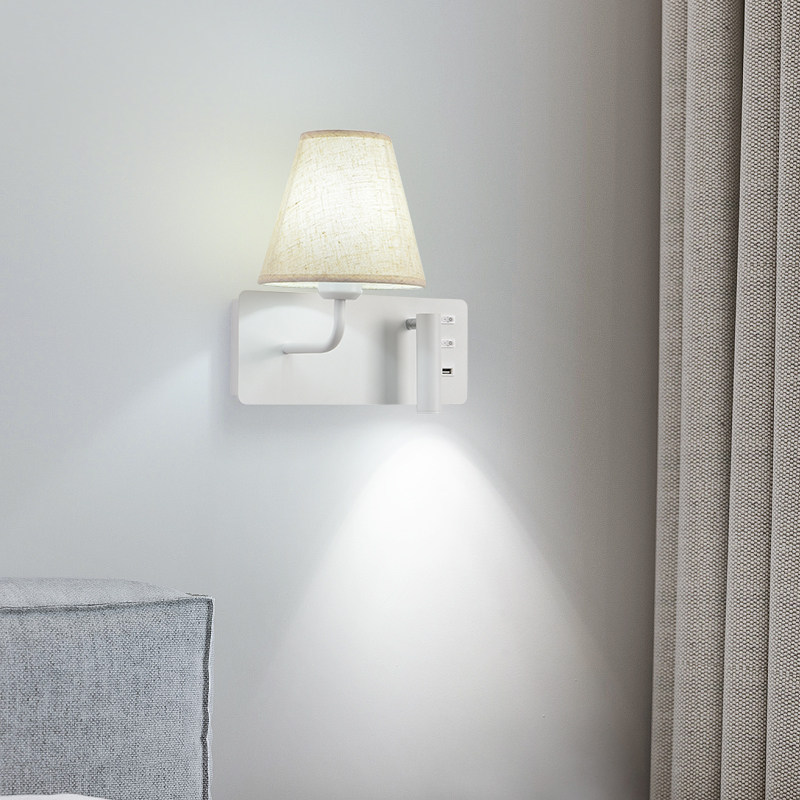 Dual-Light Fabric LED Wall Sconce with USB Port Adjustable Reading Spotlight Bedroom Bedside Lamp Black/White