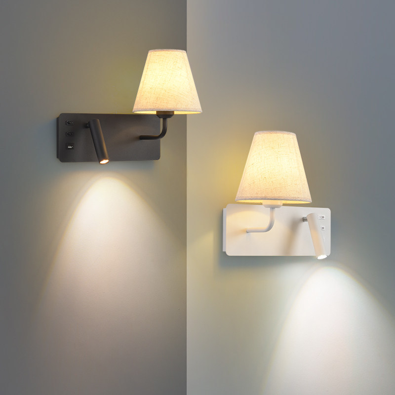 Dual-Light Fabric LED Wall Sconce with USB Port Adjustable Reading Spotlight Bedroom Bedside Lamp Black/White