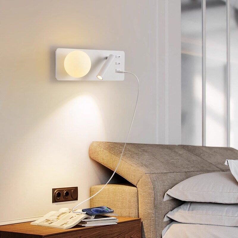 Dual-Head Wall Sconce with USB & Independent Switches, Rotatable Reading Light for Bedroom