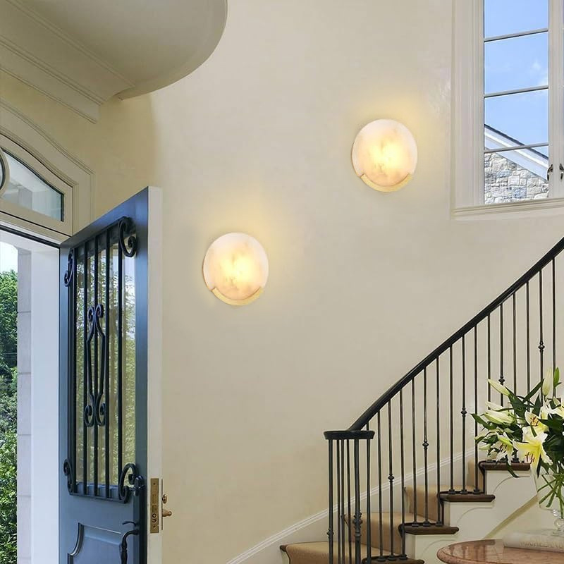 Natural Alabaster & Brass Wall Sconce, Luxury Round Wall Light with E14 Socket for Living Room & Bedroom