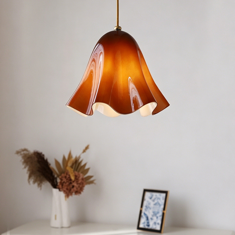 Vintage Amber Glass Petal Pendant Light, Wavy Edge Hanging Lamp for Kitchen Island & Dining Room
