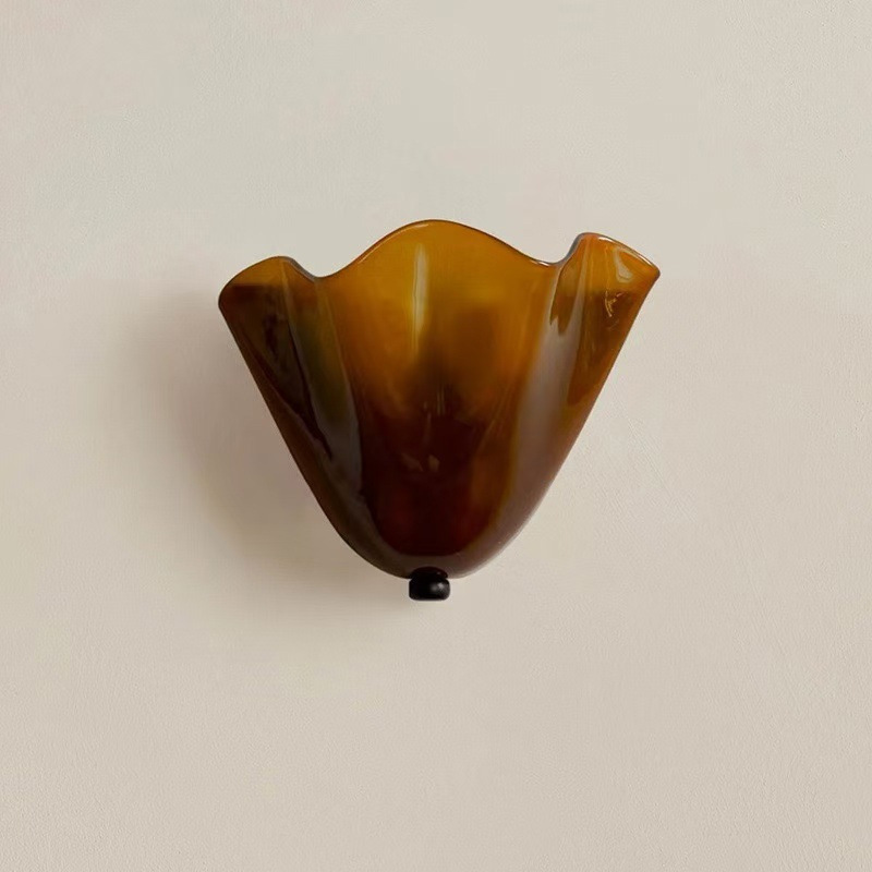 Vintage Amber Glass Petal Wall Sconce, Mid-Century Wavy Edge Bathroom/Bedroom Light