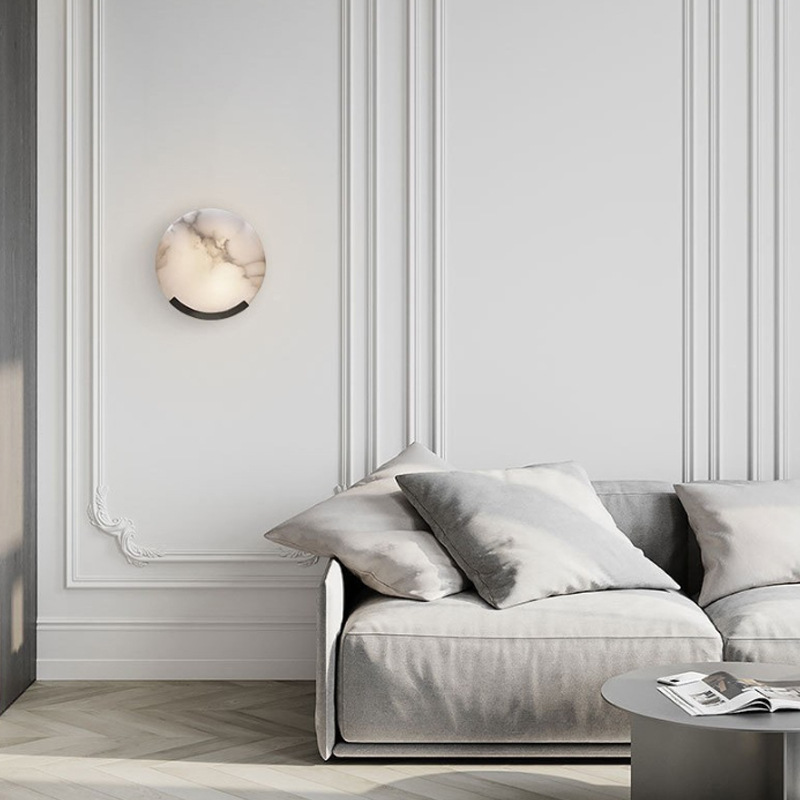 Natural Alabaster & Brass Wall Sconce, Luxury Round Wall Light with E14 Socket for Living Room & Bedroom