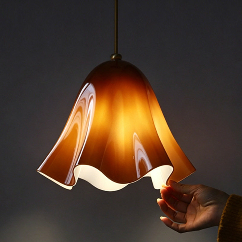 Vintage Amber Glass Petal Pendant Light, Wavy Edge Hanging Lamp for Kitchen Island & Dining Room