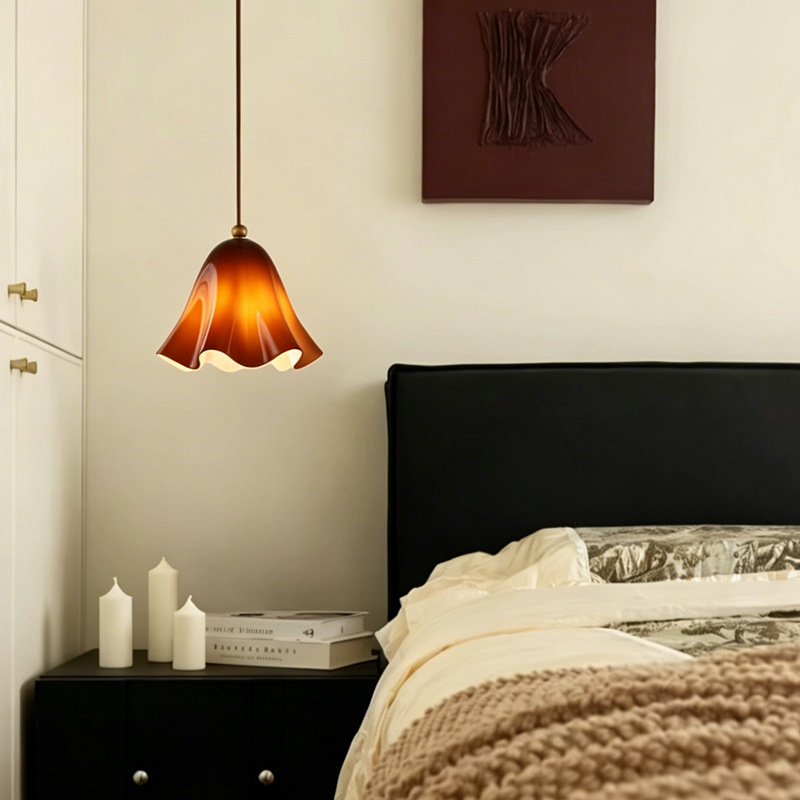 Vintage Amber Glass Petal Pendant Light, Wavy Edge Hanging Lamp for Kitchen Island & Dining Room