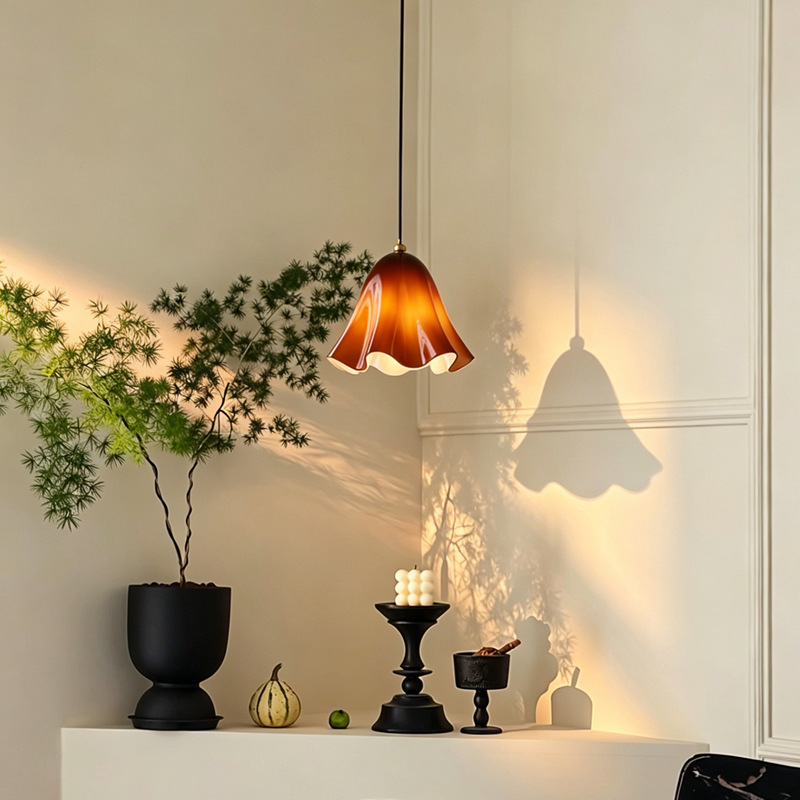 Vintage Amber Glass Petal Pendant Light, Wavy Edge Hanging Lamp for Kitchen Island & Dining Room