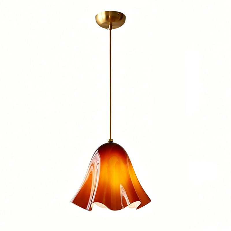 Vintage Amber Glass Petal Pendant Light, Wavy Edge Hanging Lamp for Kitchen Island & Dining Room