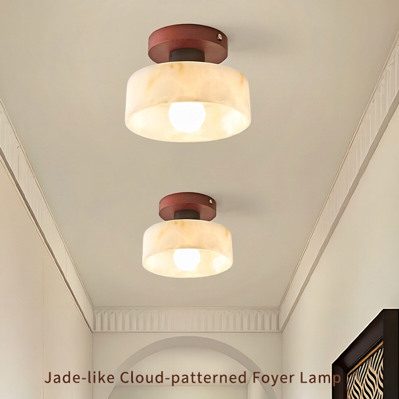 Mid-Century Faux Jade Cloud Ceiling Light, Walnut Base Flush Mount Lamp for Hallway & Foyer