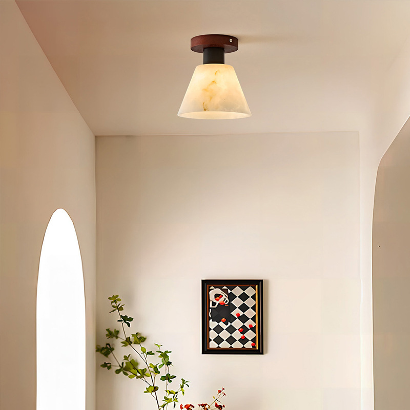 Mid-Century Faux Jade Cloud Ceiling Light, Walnut Base Flush Mount Lamp for Hallway & Foyer