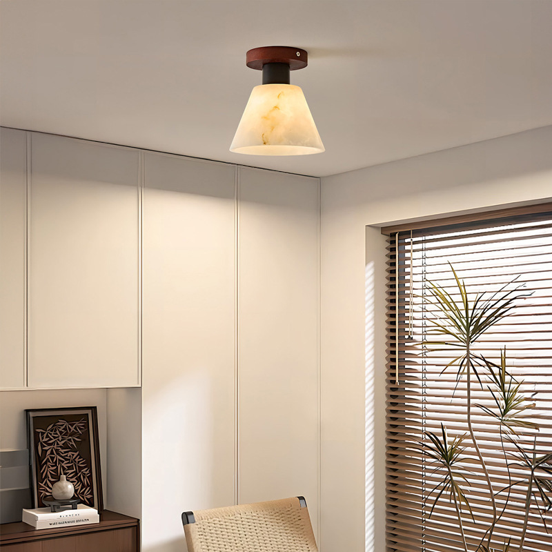 Mid-Century Faux Jade Cloud Ceiling Light, Walnut Base Flush Mount Lamp for Hallway & Foyer
