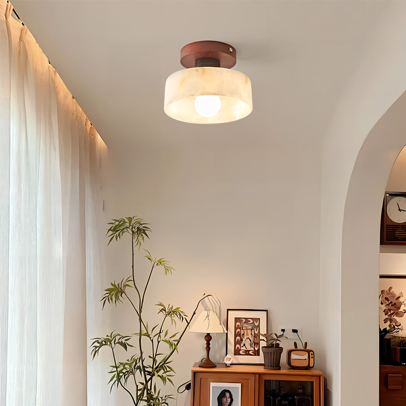 Mid-Century Faux Jade Cloud Ceiling Light, Walnut Base Flush Mount Lamp for Hallway & Foyer