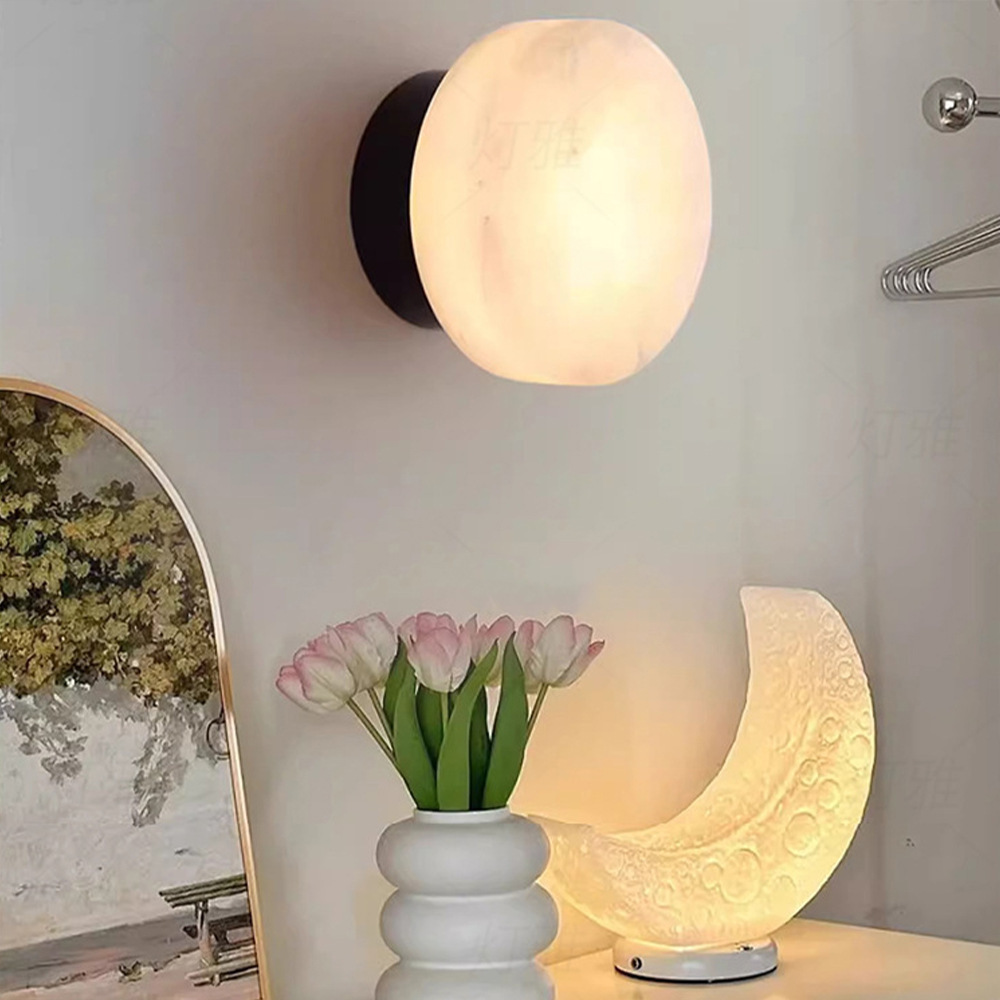 Natural Alabaster Wall Sconce, Modern Luxury Round Wall Lamp for Bedroom & Living Room