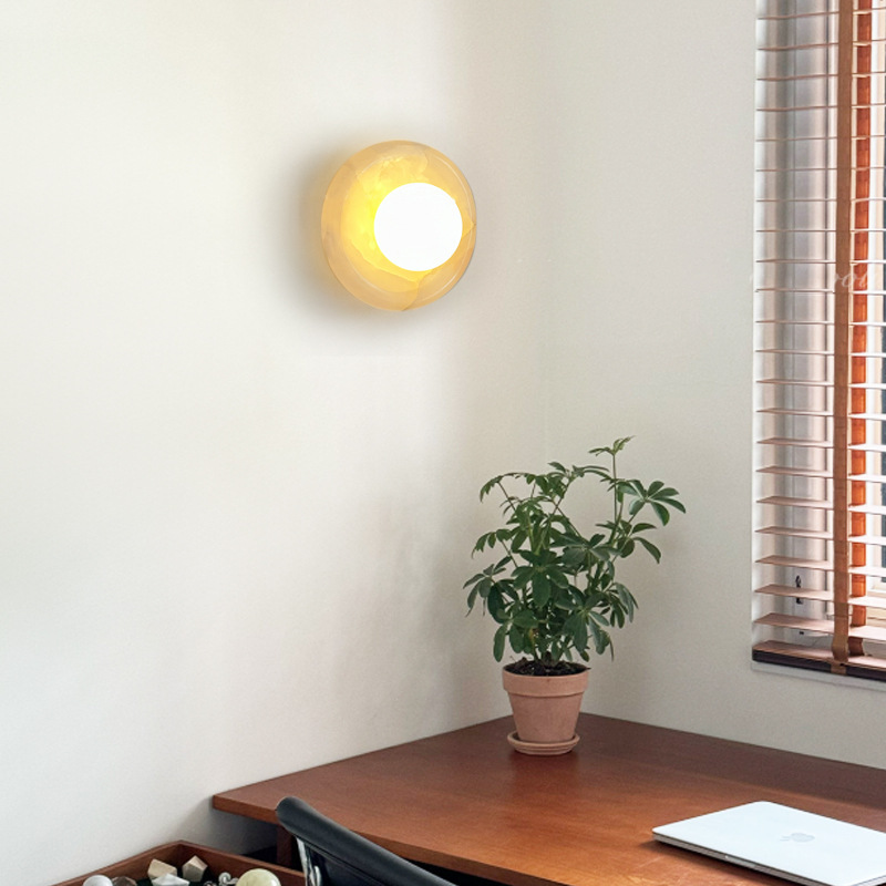 Natural Onyx Round Wall Sconce, Modern Luxury LED Wall Lamp for Bedroom & Living Room