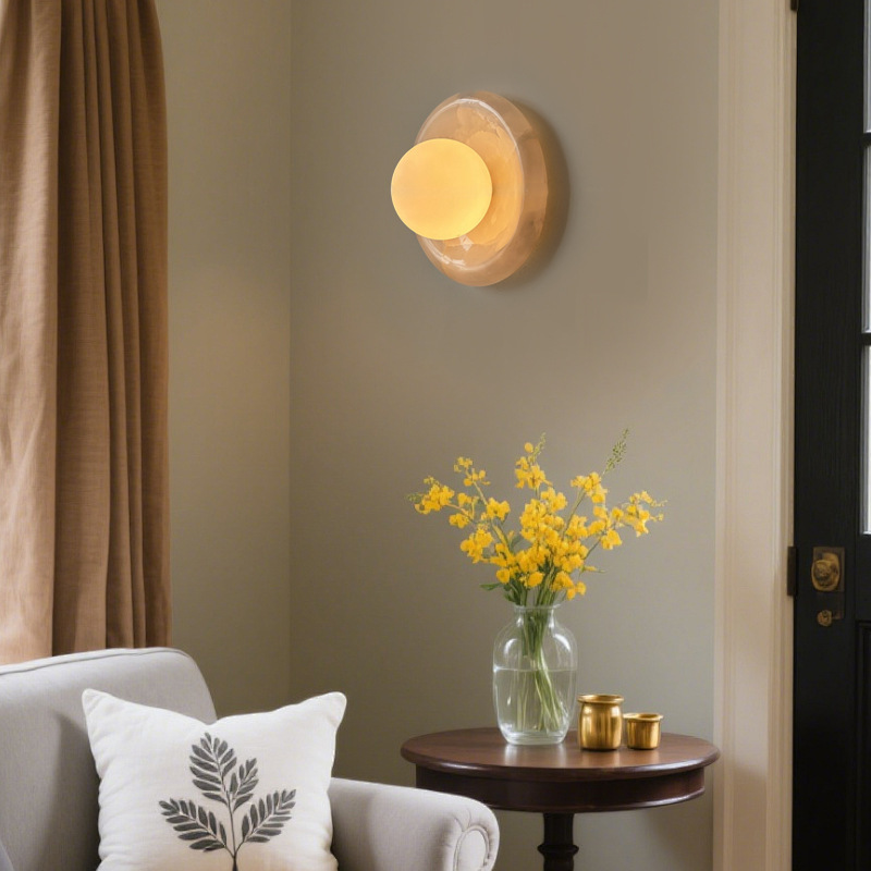 Natural Onyx Round Wall Sconce, Modern Luxury LED Wall Lamp for Bedroom & Living Room