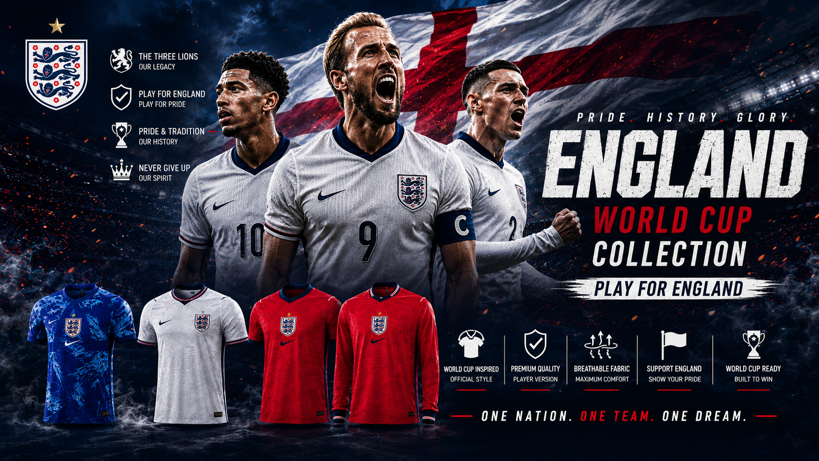 England 2026 home player version jersey front view with Three Lions badge
