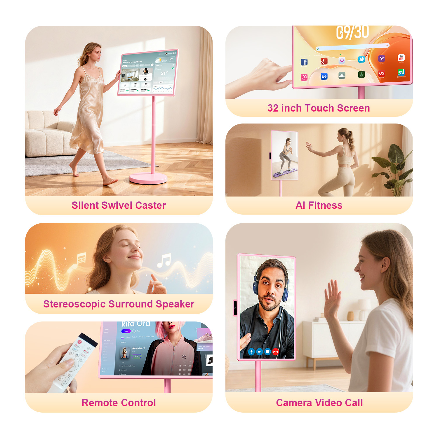 VLH Smart Portable TV on Wheels, 32-Inch 1080P Touchscreen Rolling TV with Android 15, 38400mAh Battery Powered, 8+128GB Movable TV 5MP Camera, 10-12H Playtime Portable Television for Camping & Home