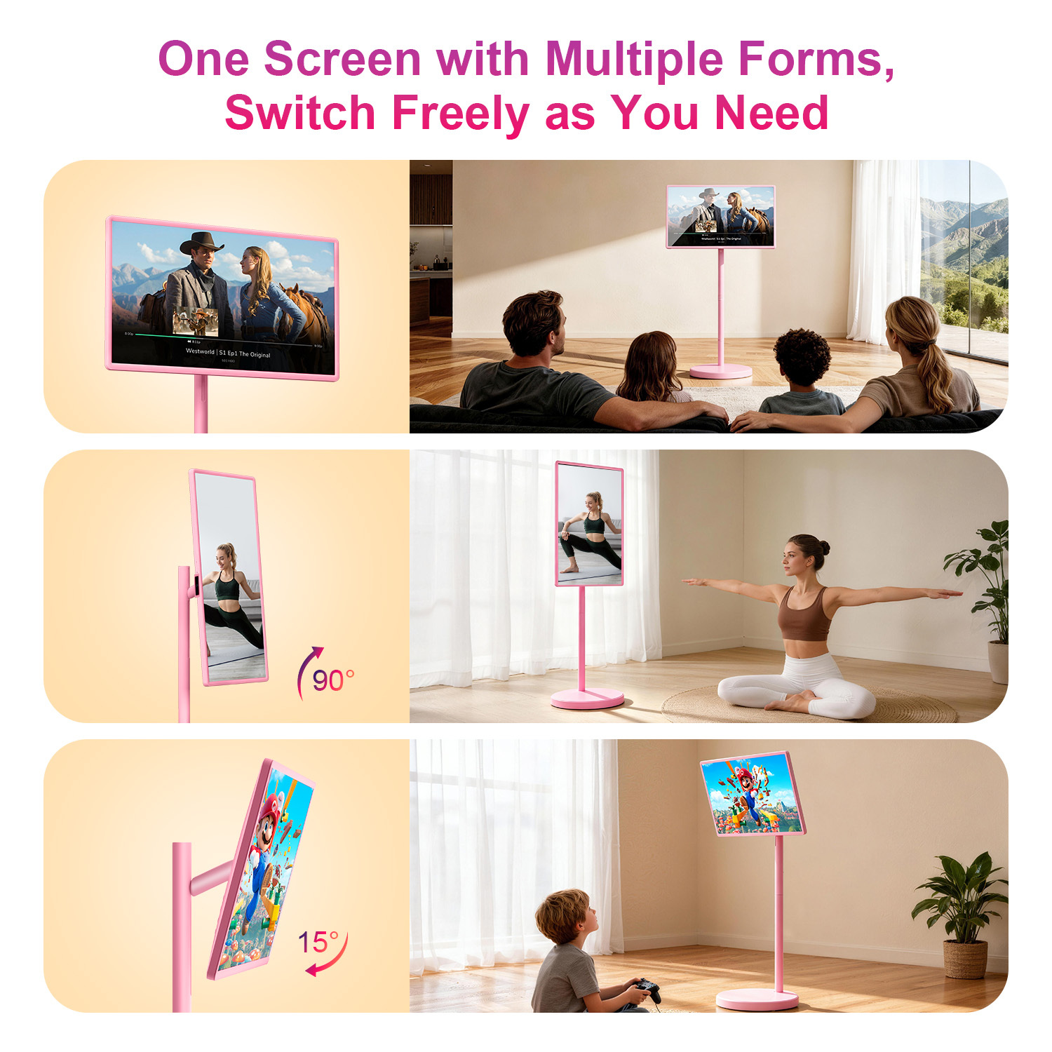 VLH Smart Portable TV on Wheels, 32-Inch 1080P Touchscreen Rolling TV with Android 15, 38400mAh Battery Powered, 8+128GB Movable TV 5MP Camera, 10-12H Playtime Portable Television for Camping & Home