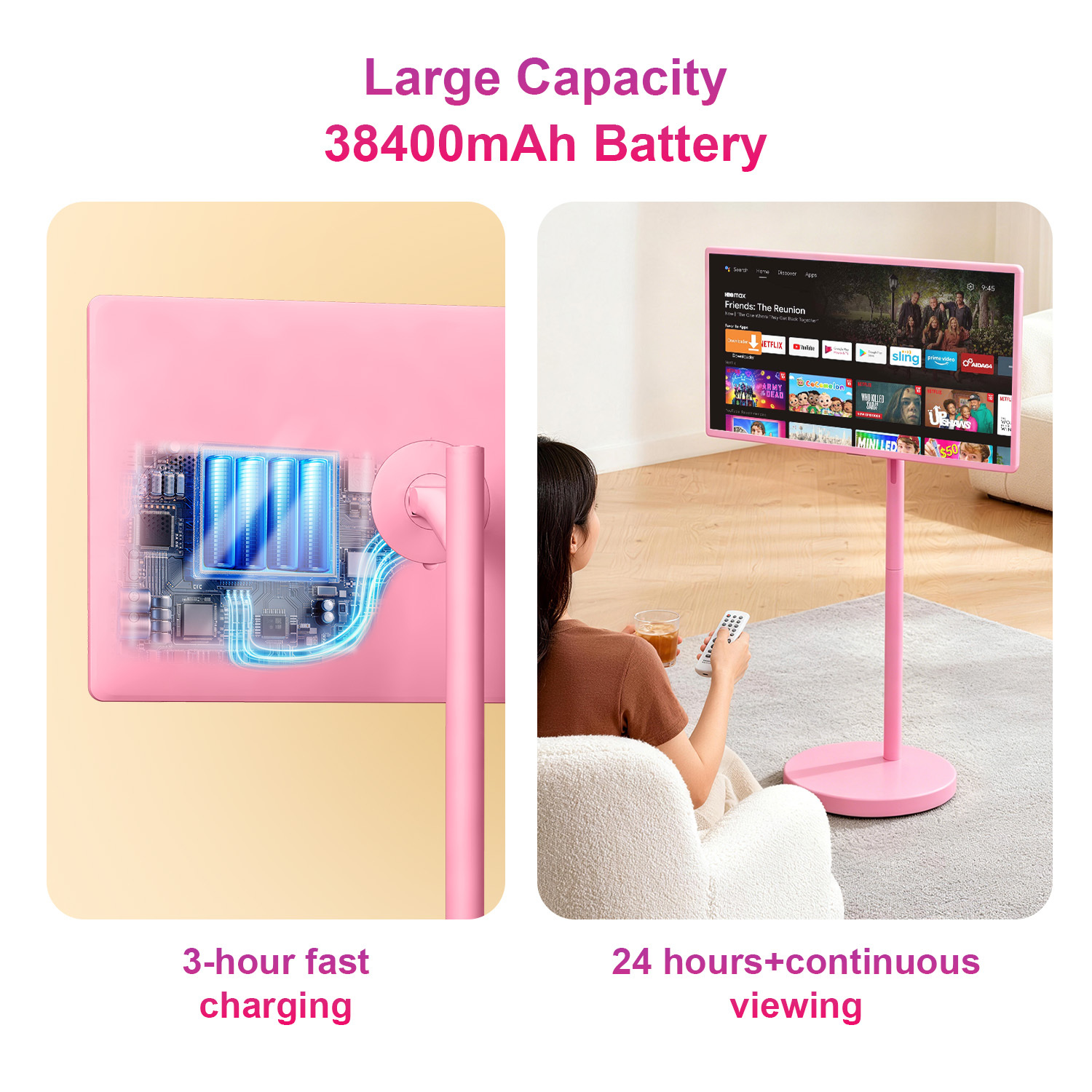 VLH Smart Portable TV on Wheels, 32-Inch 1080P Touchscreen Rolling TV with Android 15, 38400mAh Battery Powered, 8+128GB Movable TV 5MP Camera, 10-12H Playtime Portable Television for Camping & Home