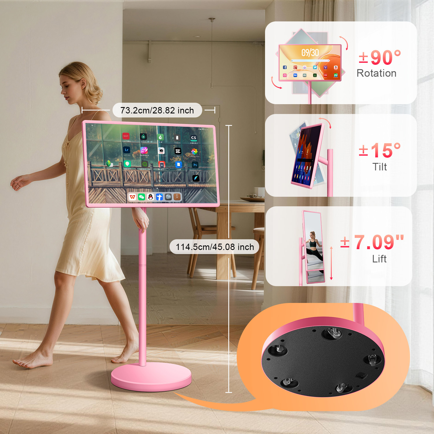 VLH Smart Portable TV on Wheels, 32-Inch 1080P Touchscreen Rolling TV with Android 15, 38400mAh Battery Powered, 8+128GB Movable TV 5MP Camera, 10-12H Playtime Portable Television for Camping & Home