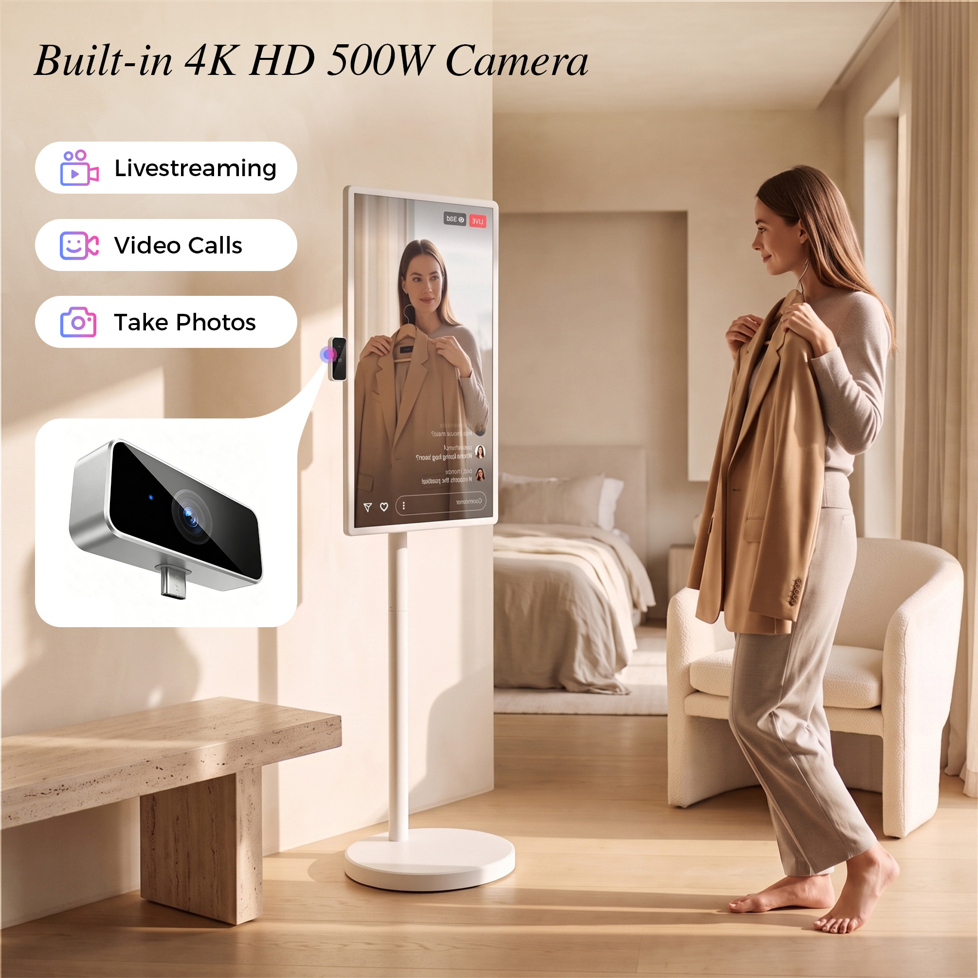 VLH 32" UHD 4K Smart Portable TV on Wheels, 10-Point Touchscreen, Google EDLA-Certified Android 15, 8GB+128GB, 38400mAh Battery, Rolling TV with Detachable HD Camera & Voice Remote