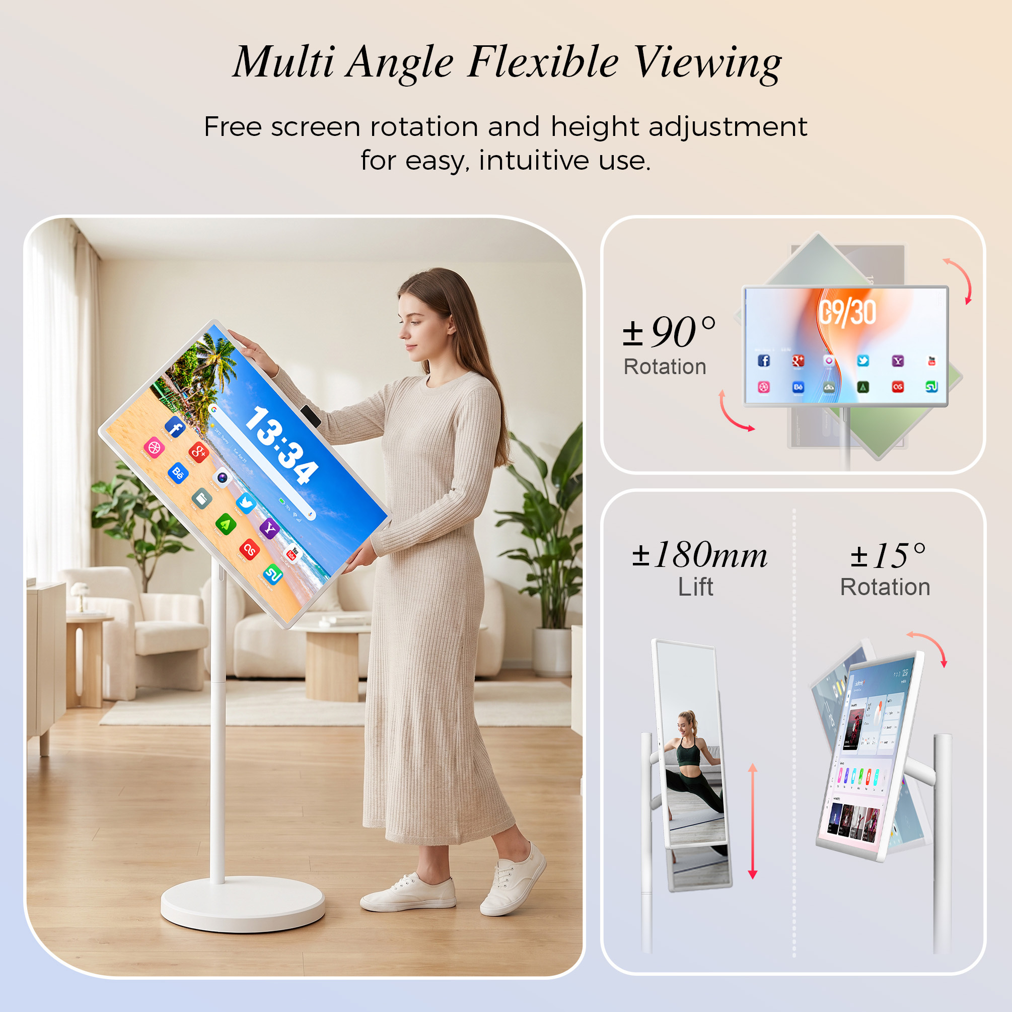 VLH 32" UHD 4K Smart Portable TV on Wheels, 10-Point Touchscreen, Google EDLA-Certified Android 15, 8GB+128GB, 38400mAh Battery, Rolling TV with Detachable HD Camera & Voice Remote