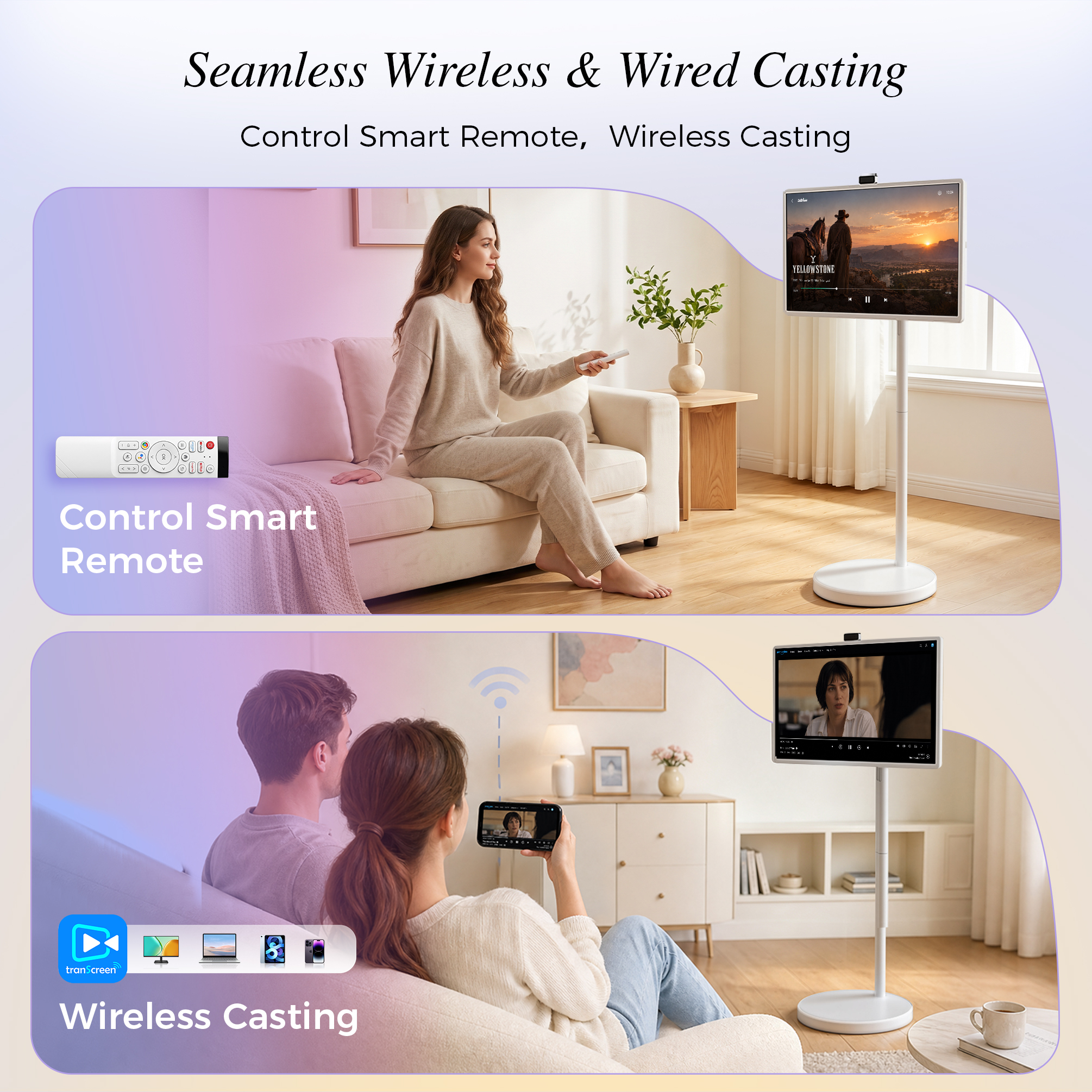 VLH 32" UHD 4K Smart Portable TV on Wheels, 10-Point Touchscreen, Google EDLA-Certified Android 15, 8GB+128GB, 38400mAh Battery, Rolling TV with Detachable HD Camera & Voice Remote