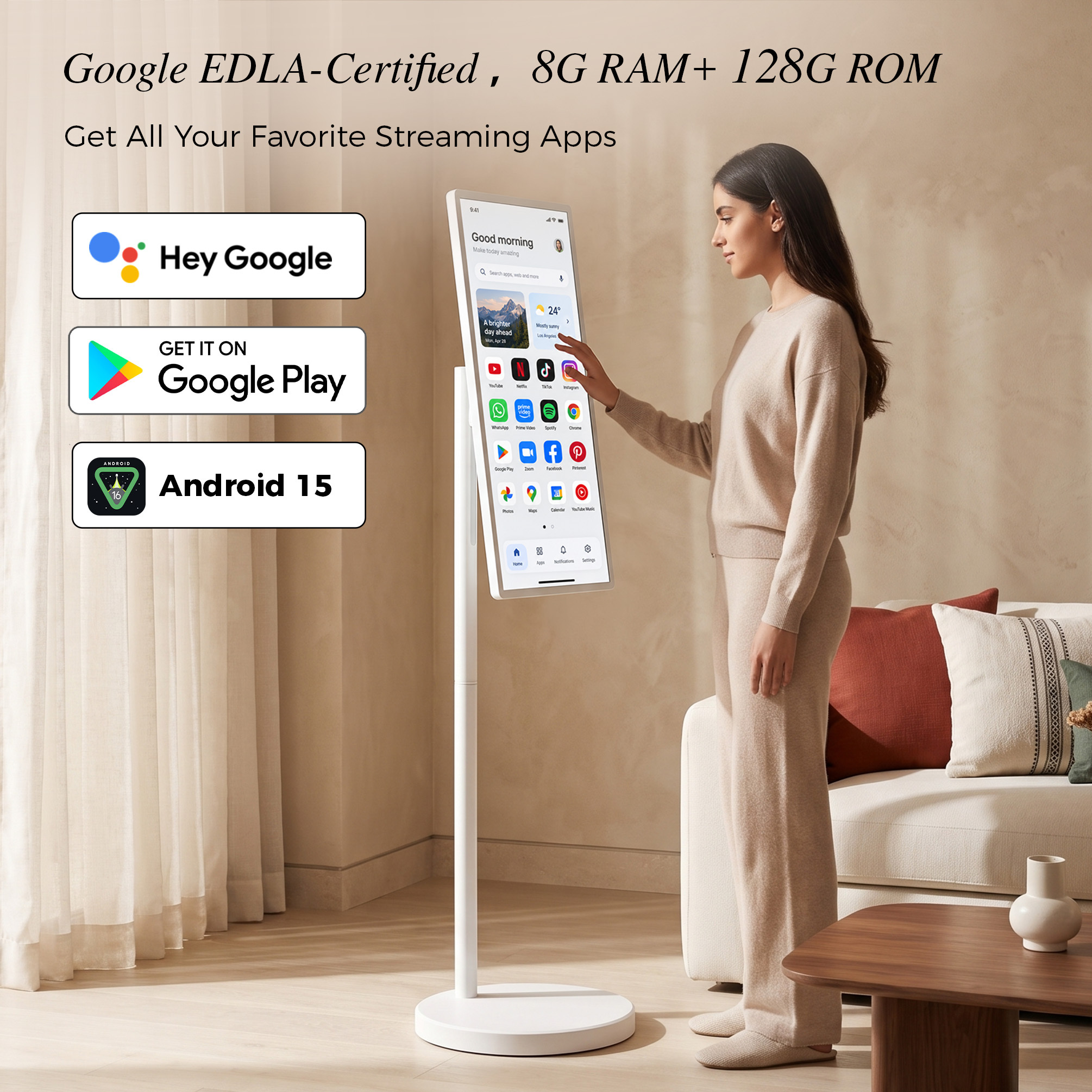 VLH 32" UHD 4K Smart Portable TV on Wheels, 10-Point Touchscreen, Google EDLA-Certified Android 15, 8GB+128GB, 38400mAh Battery, Rolling TV with Detachable HD Camera & Voice Remote