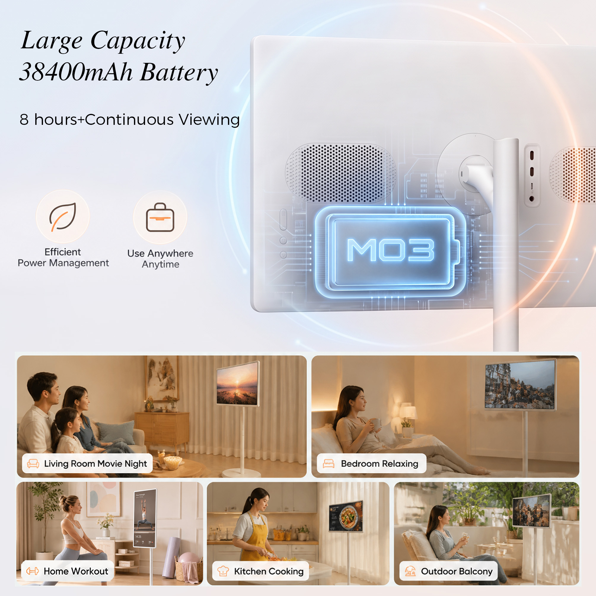 VLH 32" UHD 4K Smart Portable TV on Wheels, 10-Point Touchscreen, Google EDLA-Certified Android 15, 8GB+128GB, 38400mAh Battery, Rolling TV with Detachable HD Camera & Voice Remote