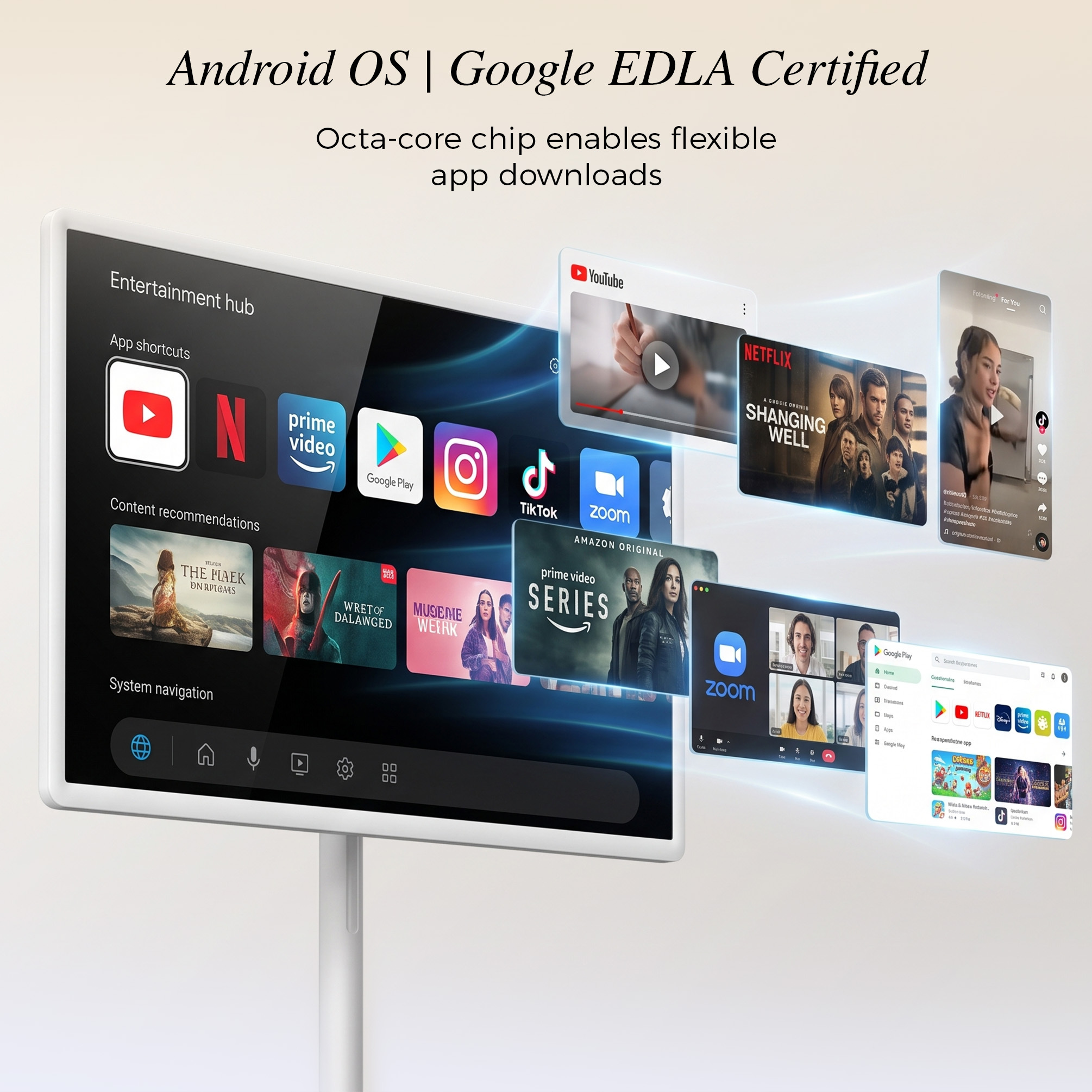 VLH 32" UHD 4K Smart Portable TV on Wheels, 10-Point Touchscreen, Google EDLA-Certified Android 15, 8GB+128GB, 38400mAh Battery, Rolling TV with Detachable HD Camera & Voice Remote