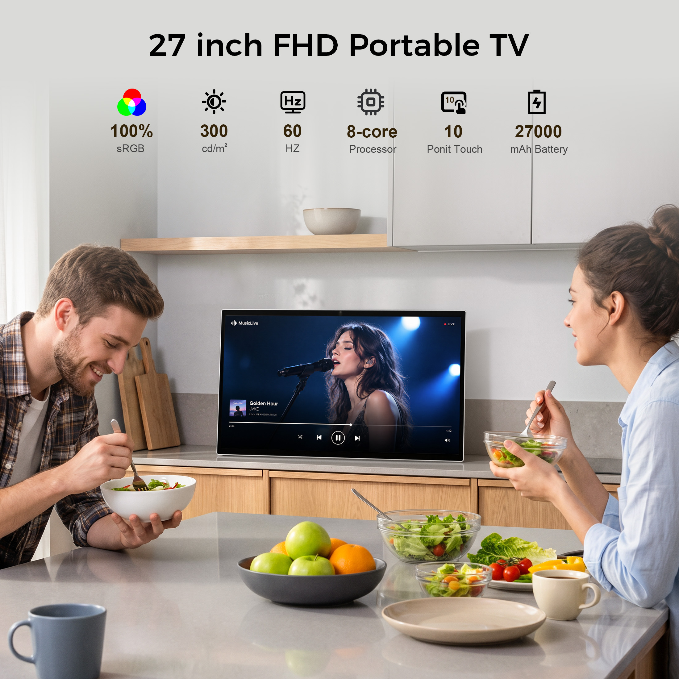 VLH 27" FHD Portable TV with Google EDLA-Certified Android 15, 6G RAM+128G Storage, 1080P Smart Handy TV with 13MP Camera and Large Battery, Touchscreen Monitor