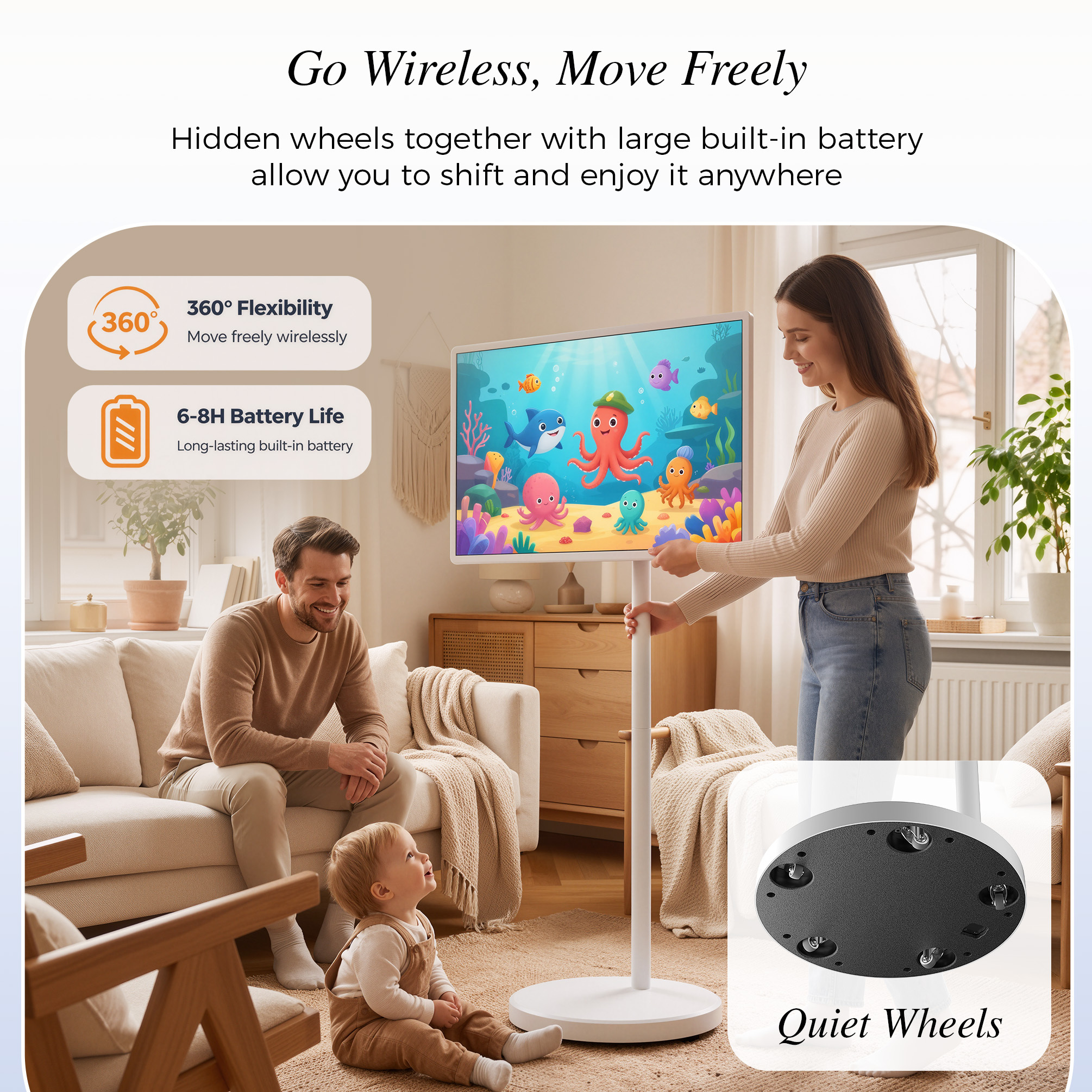 VLH 32" UHD 4K Smart Portable TV on Wheels, 10-Point Touchscreen, Google EDLA-Certified Android 15, 8GB+128GB, 38400mAh Battery, Rolling TV with Detachable HD Camera & Voice Remote