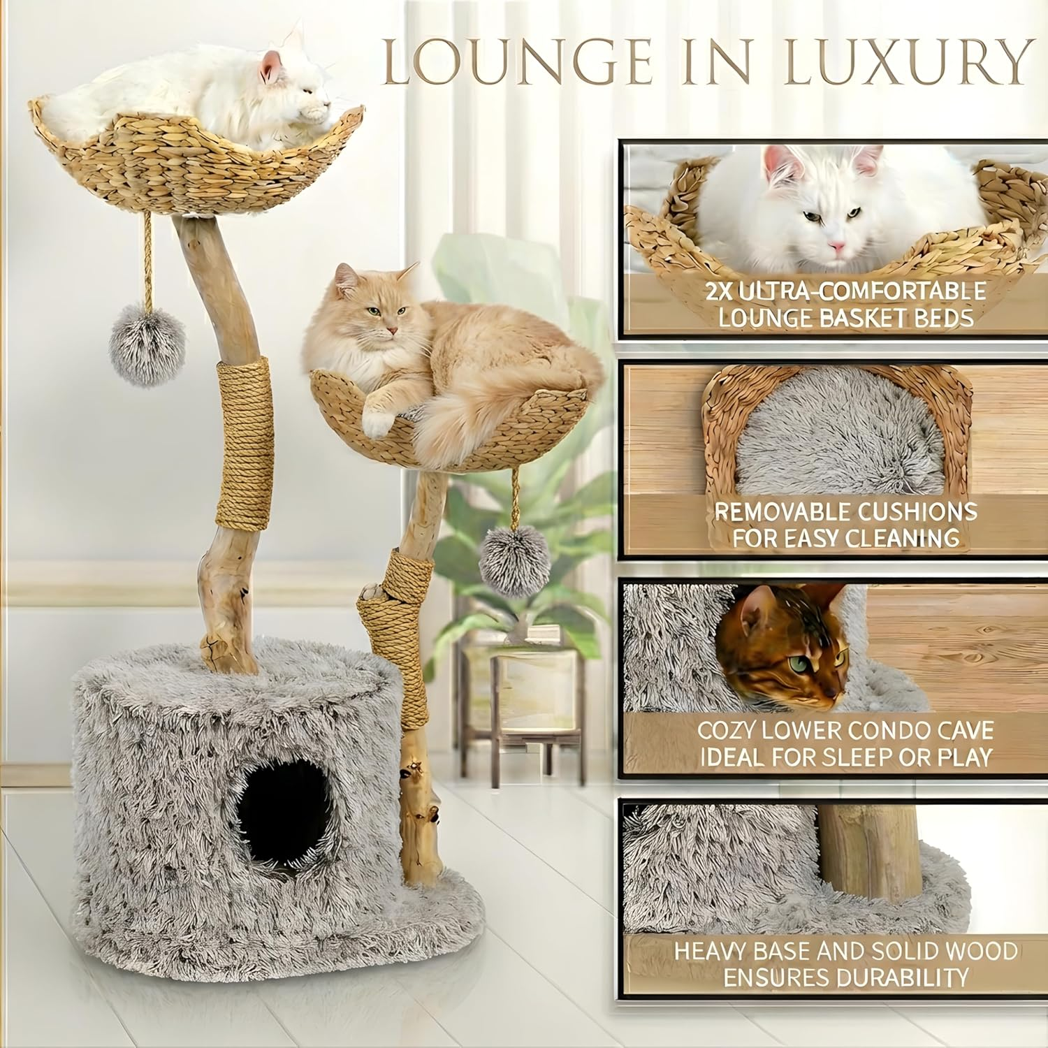 Relipet RL2521V1 Natural Rattan & Plush Cat Tree Condo
