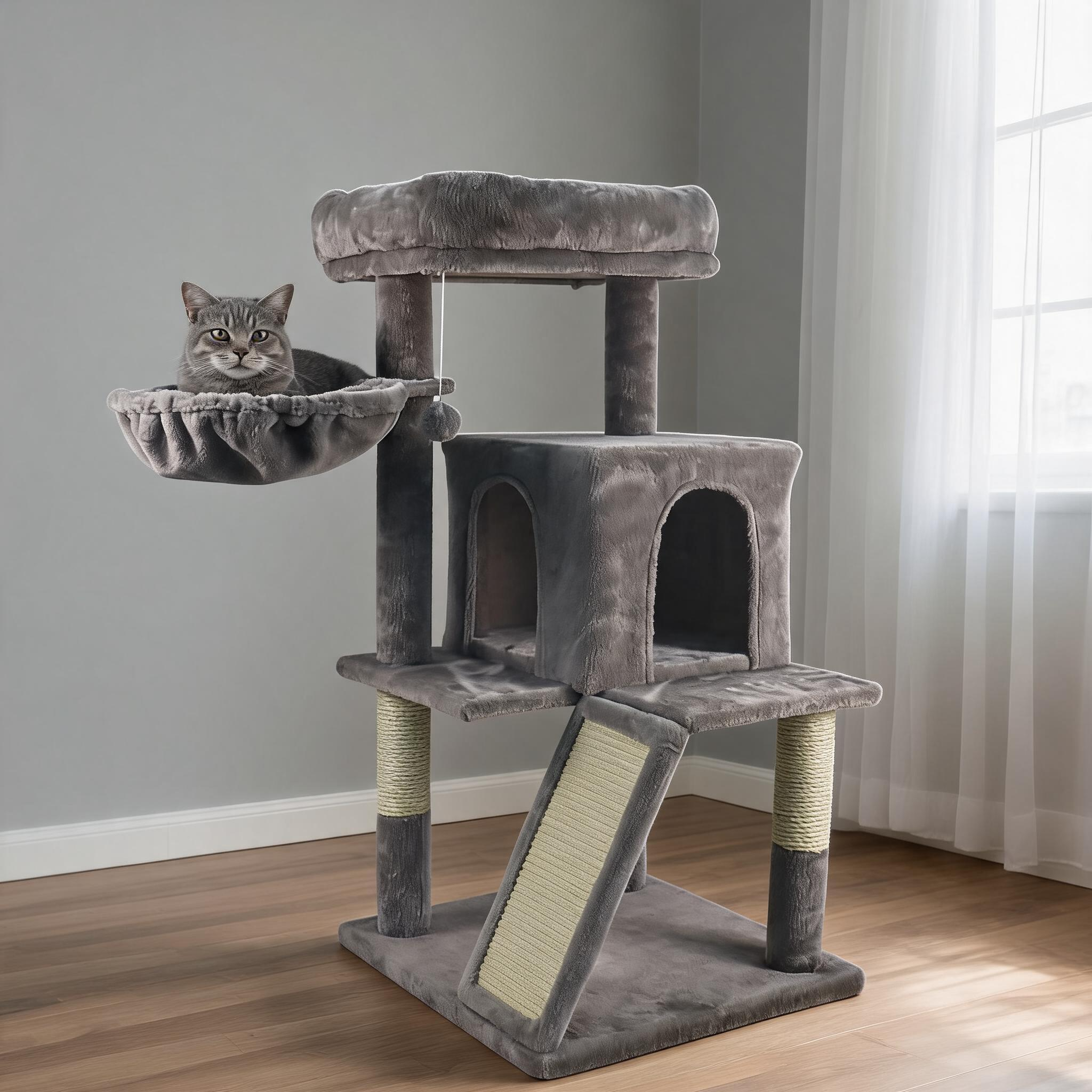 Relipet RL2254 Compact Cat Tree with Collapsible Cave, Hammock & Scratching Ramp | Multi-Level Cat Condo