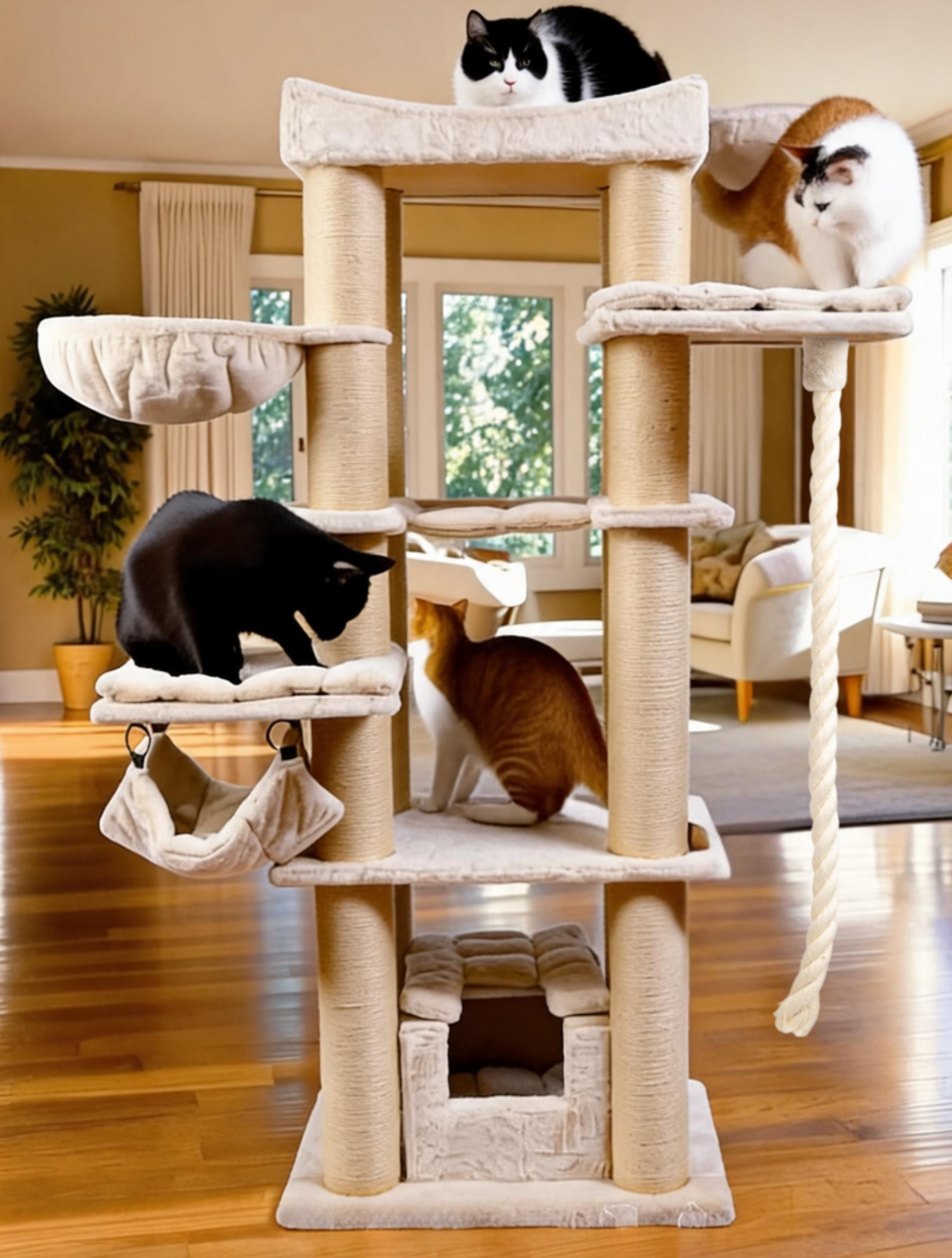 Relipet RL2525V2 197cm Large Rectangular Cat Tree in Beige – Heavy Duty Multi-Level Activity Center for Maine Coons & Multiple Cats