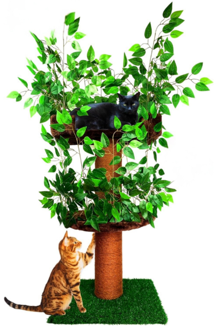 Relipet RLN021 Jungle Themed 140cm Tall Cat Tree with Green Leaves - Multi-Level Cat Activity Center with Plush Condo & Grass Mat