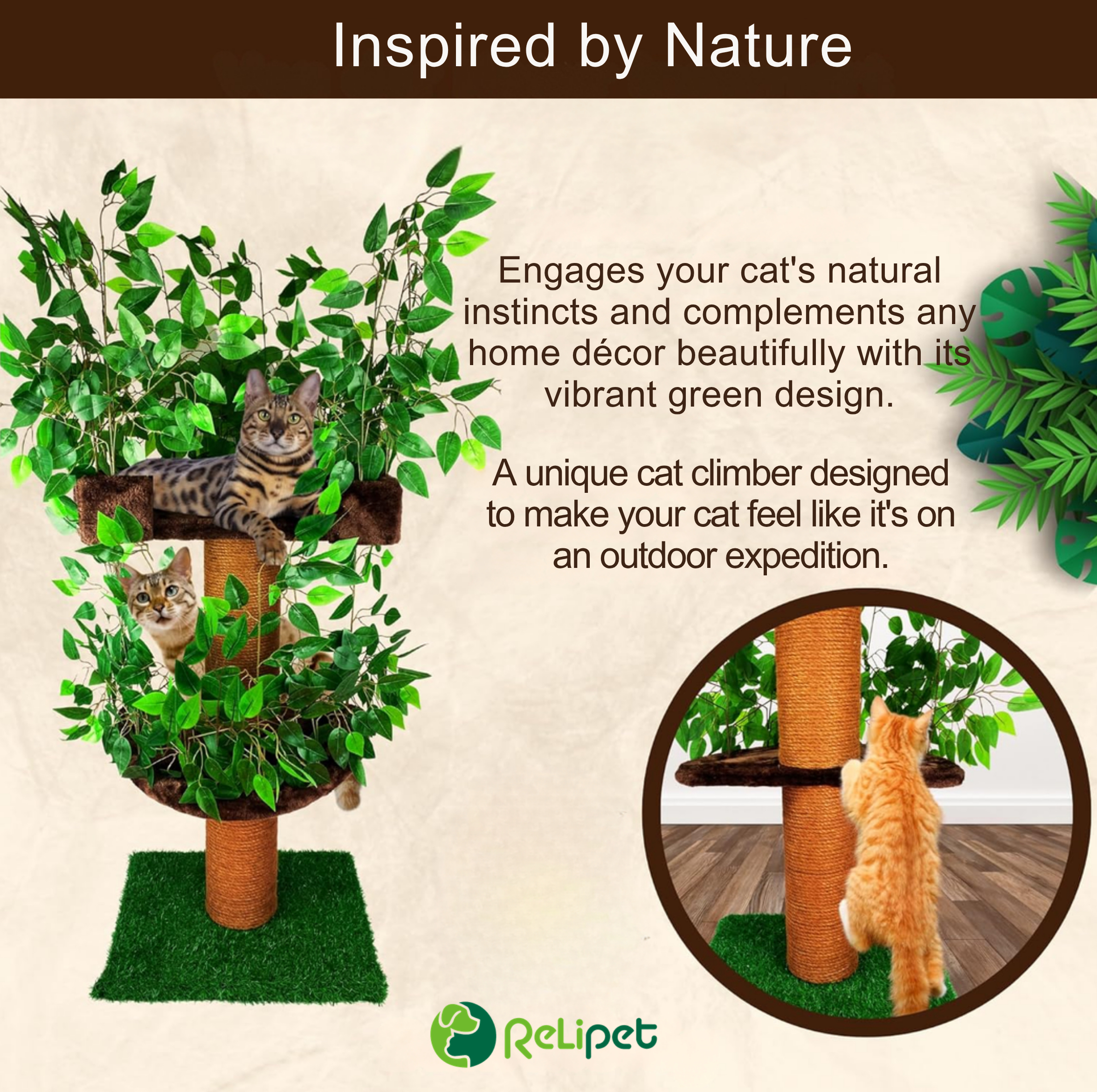 Relipet RLN021 Jungle Themed 140cm Tall Cat Tree with Green Leaves - Multi-Level Cat Activity Center with Plush Condo & Grass Mat