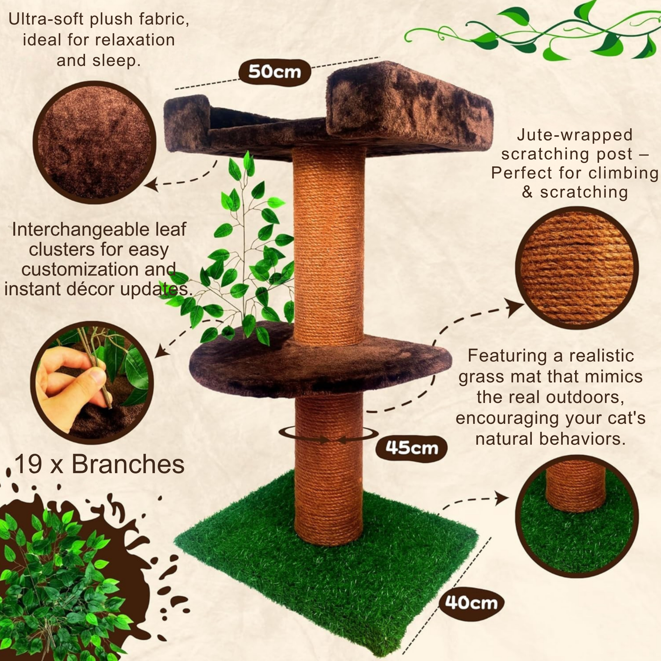 Relipet RLN021 Jungle Themed 140cm Tall Cat Tree with Green Leaves - Multi-Level Cat Activity Center with Plush Condo & Grass Mat