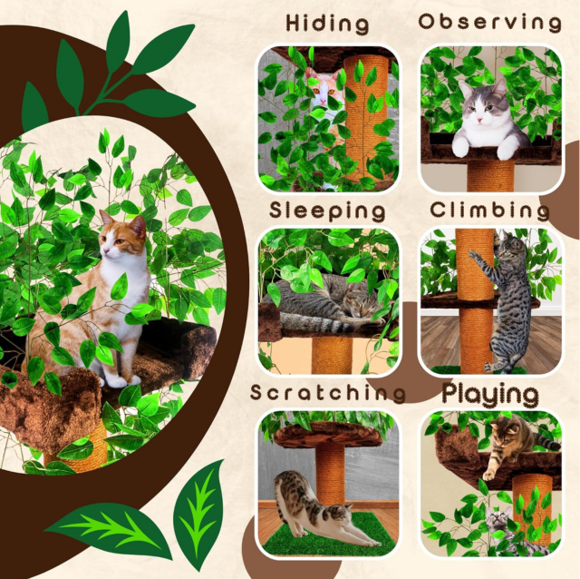 Relipet RLN021 Jungle Themed 140cm Tall Cat Tree with Green Leaves - Multi-Level Cat Activity Center with Plush Condo & Grass Mat