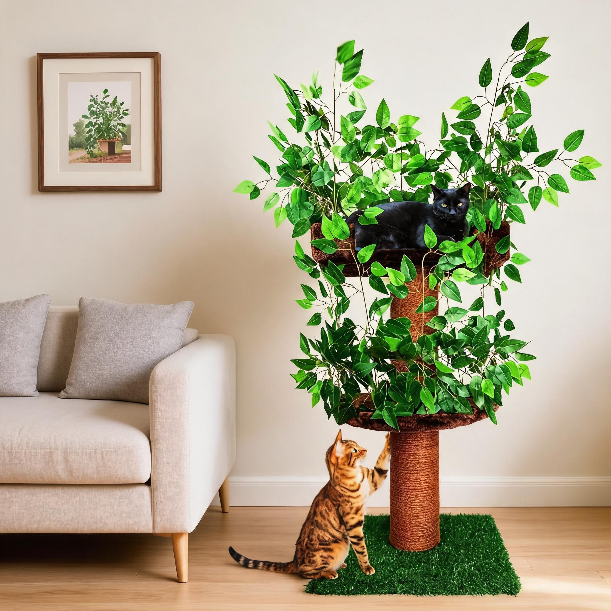 Relipet RLN021 Jungle Themed 140cm Tall Cat Tree with Green Leaves - Multi-Level Cat Activity Center with Plush Condo & Grass Mat