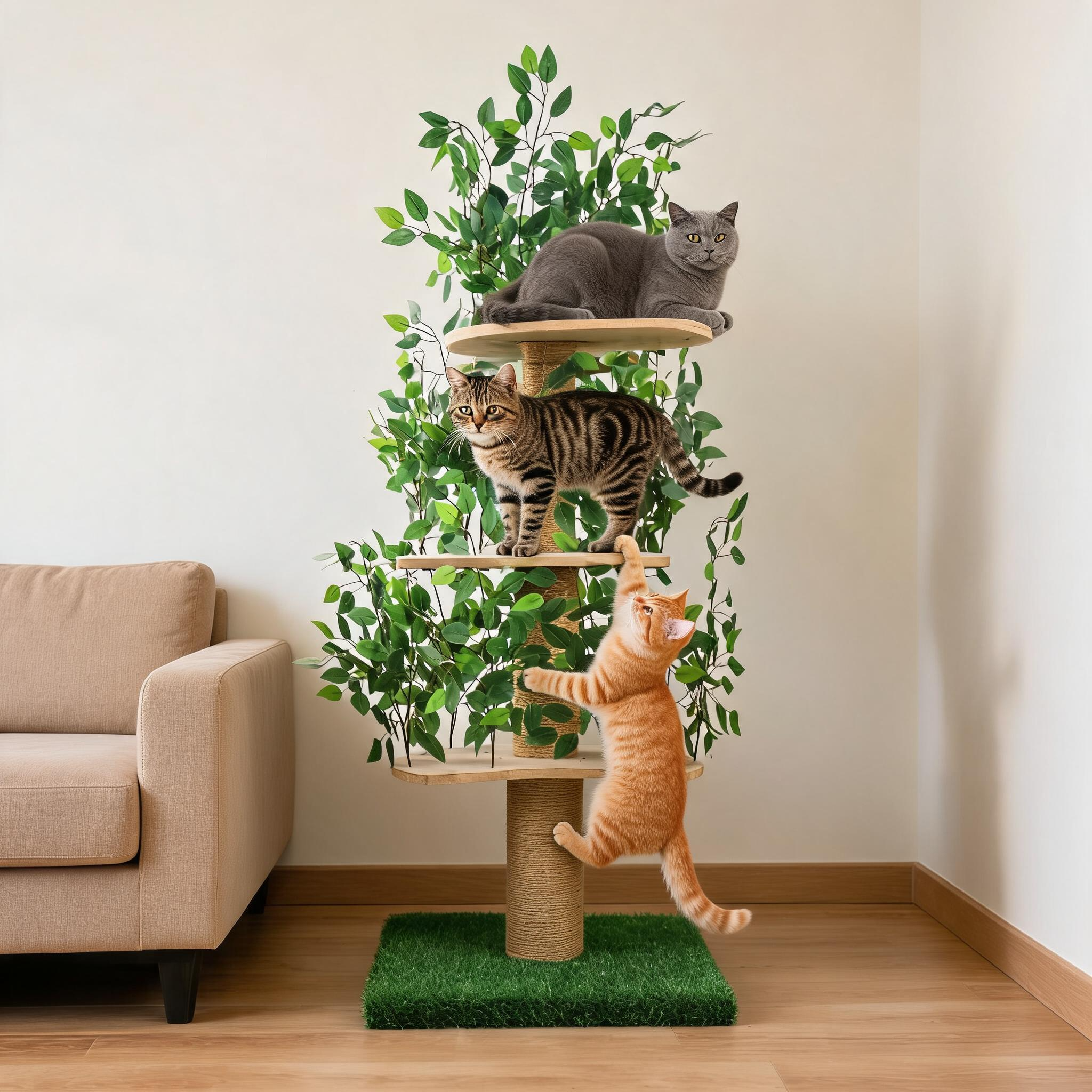 Relipet RLN038 Nature-Inspired Cat Tree – Artificial Grass 60-Inch Climber with Leaf Shelters