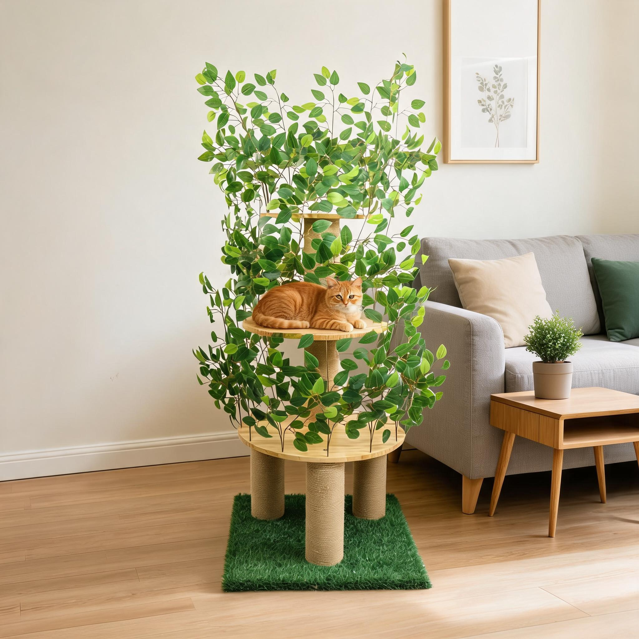 Relipet RLN005V1 Natural Style Cat Tree - Modern Artificial Foliage Design with Solid Wood & Jute Ropes