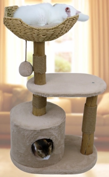 Relipet RL2660 Natural Look Cat Tree with Rattan Basket, Condo & Faux Rabbit Fur