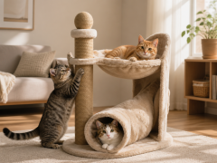 Relipet RL2655 Cat Tree Cappuccino with Tunnel & Hammock – Premium Faux Rabbit Fur