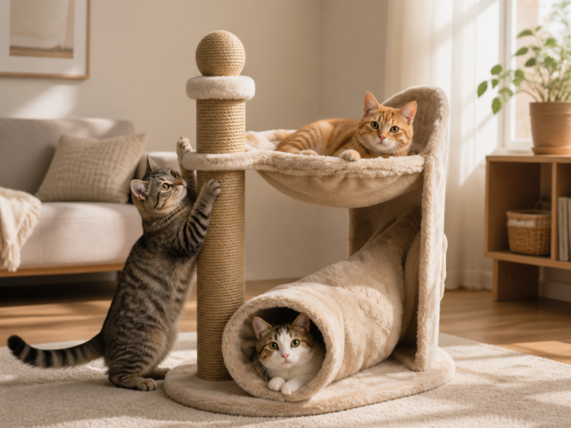 Relipet RL2655 Cat Tree Cappuccino with Tunnel & Hammock – Premium Faux Rabbit Fur