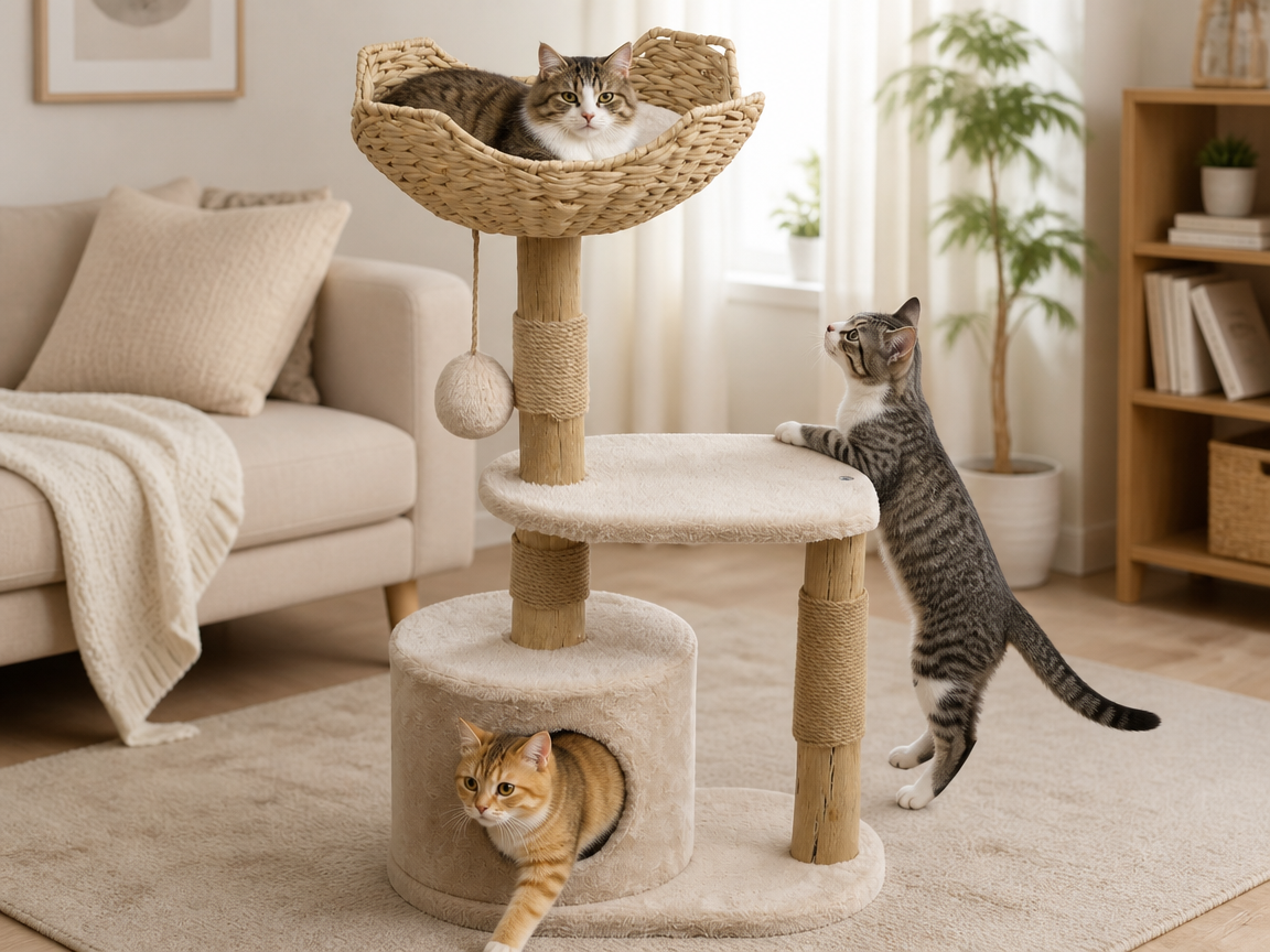 Relipet RL2660 Natural Look Cat Tree with Rattan Basket, Condo & Faux Rabbit Fur